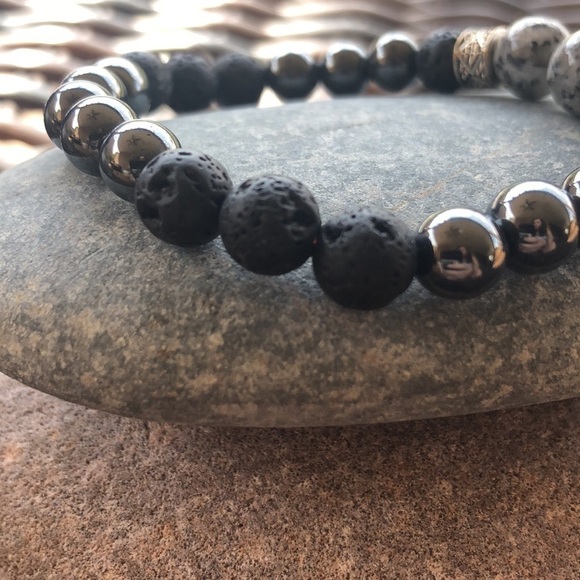 Handmade stretch bracelet,sesame Jasper beads,lava beads and hematite, size S/M - Picture 8 of 10